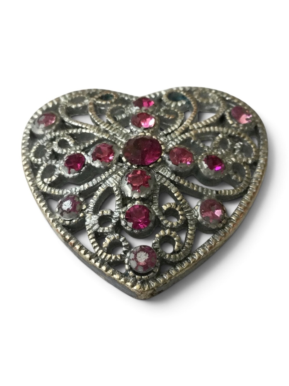 Vintage 1928 Brand Silver-Tone Heart Filigree Brooch with Pink Rhinestones - Picture 7 of 10